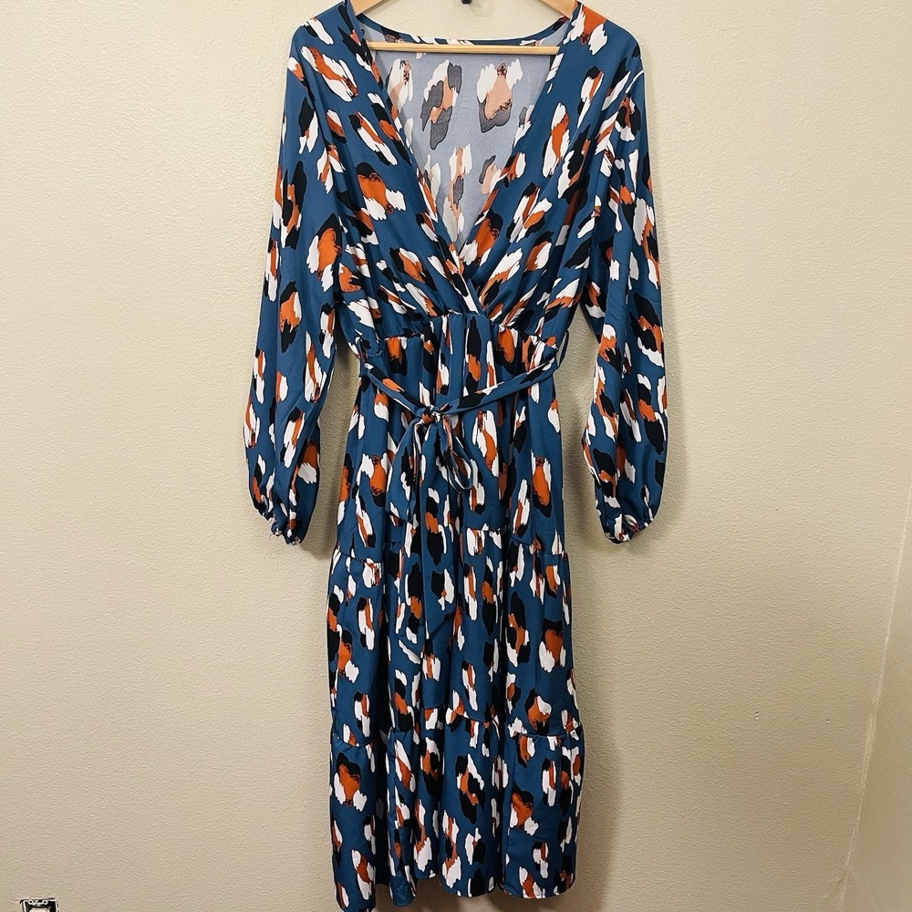 Maxi‎ Dress Abstract Fox ? Print Long Sleeve Tiered Waist Tie Plus Size 3X